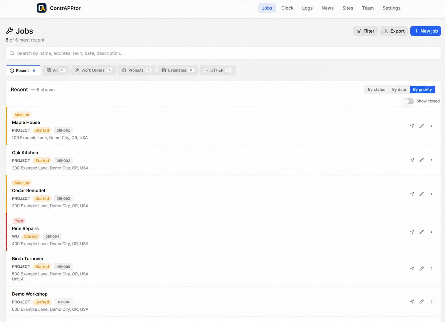 ContrAPPtor desktop job list showing sample priorities, assignments, and job statuses.
