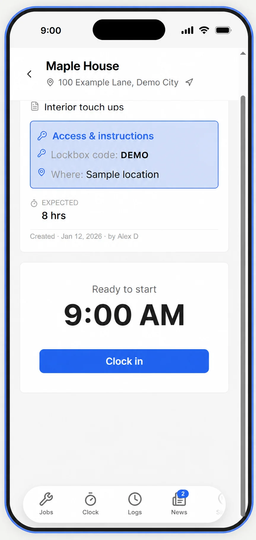 ContrAPPtor phone view showing sample job instructions and a Clock in button.